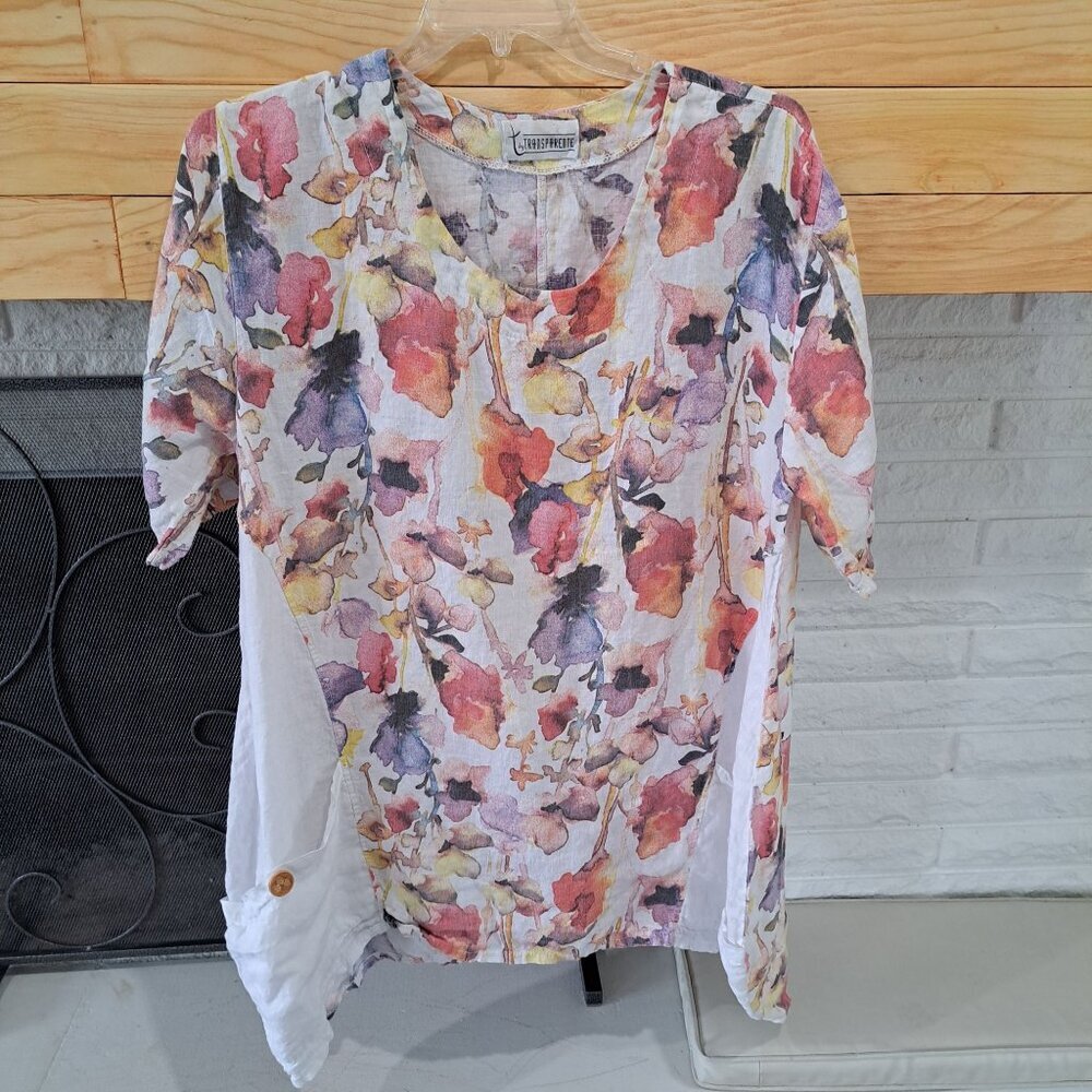 Floral Linen Womens Top By Transparente With Wooden Button Accents Pocket 2XL